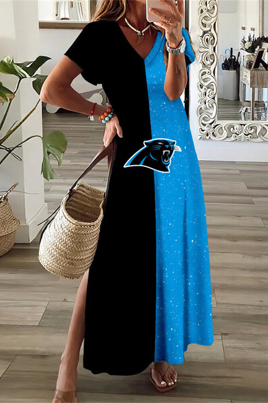 Carolina Panthers V-Neck Side Slit Long Dress AZBTVSD000383