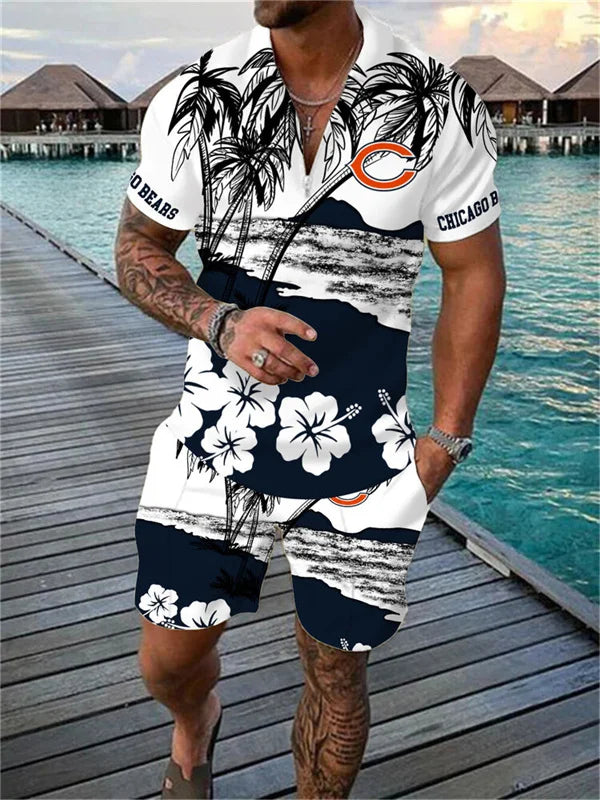 Chicago Bears Zip Polo Shirt And Shorts Men AZPLZ124