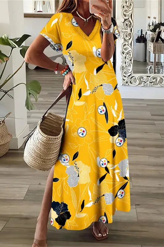 Pittsburgh Steelers V-Neck Side Slit Long Dress AZBTVSD000349