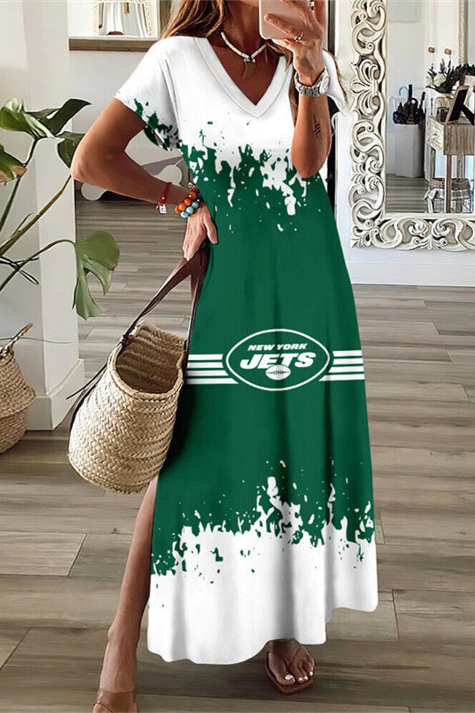 New York Jets V-Neck Side Slit Long Dress AZBTVSD000239