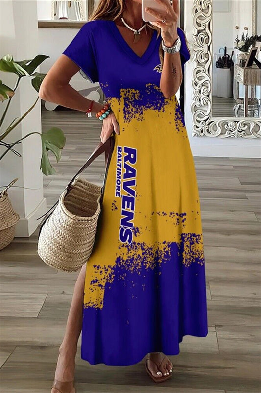Baltimore Ravens V-Neck Side Slit Long Dress AZBTVSD000229