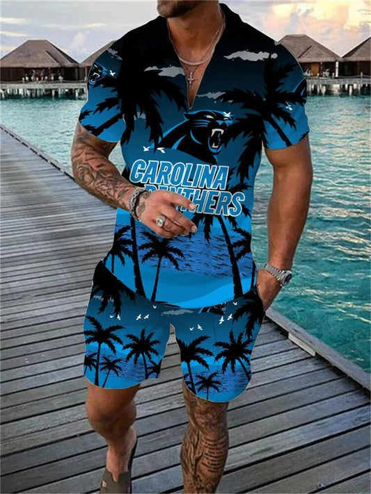 Carolina Panthers Zip Polo Shirt And Shorts Men AZPLZ252