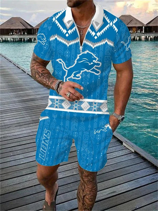 Detroit Lions Zip Polo Shirt And Shorts Men AZPLZ205