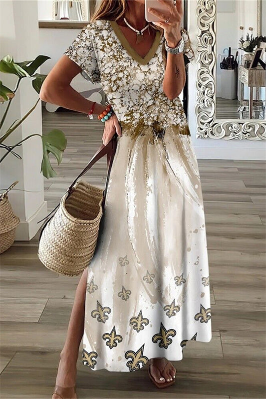 New Orleans Saints V-Neck Side Slit Long Dress AZBTVSD000014