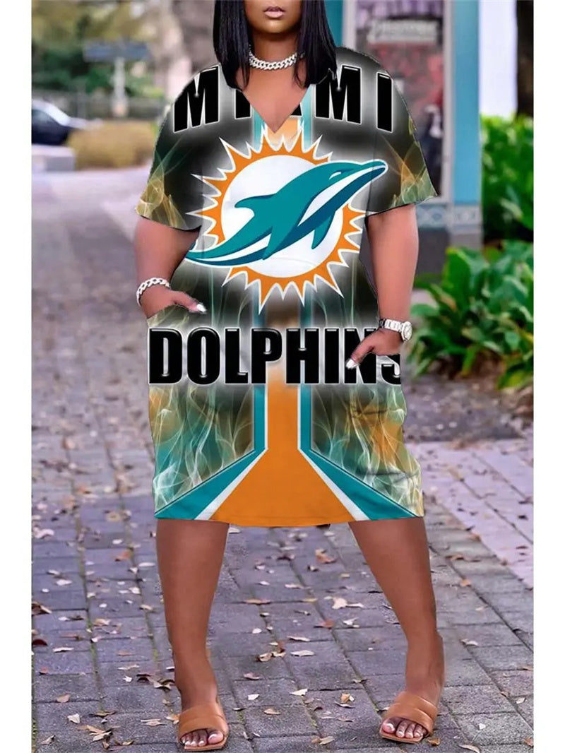 Miami Dolphins V-neck Casual Pocket Dress Limited Edition AZBTVCPD000436