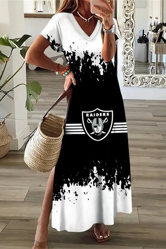 Las Vegas Raiders V-Neck Side Slit Long Dress AZBTVSD000161