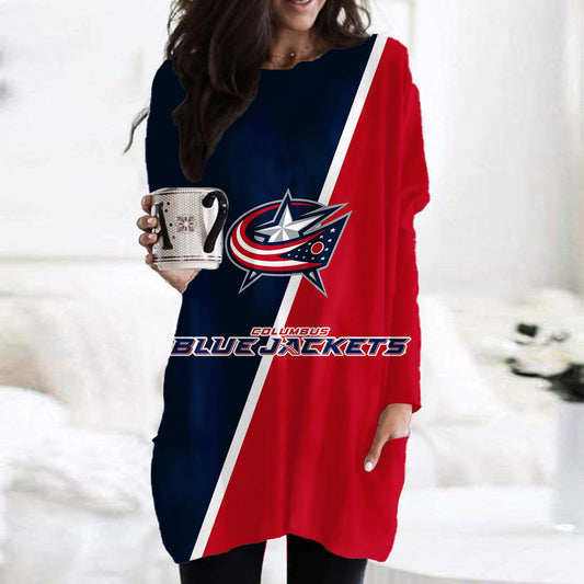 Columbus Blue Jackets Casual Long Sleeve Pocket Dress AZBTLSPD000094