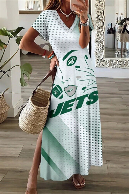 New York Jets V-Neck Side Slit Long Dress AZBTVSD000494