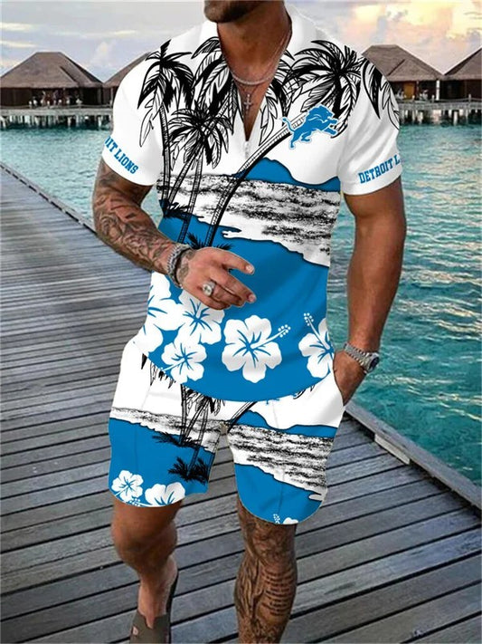 Detroit Lions Zip Polo Shirt And Shorts Men AZPLZ209
