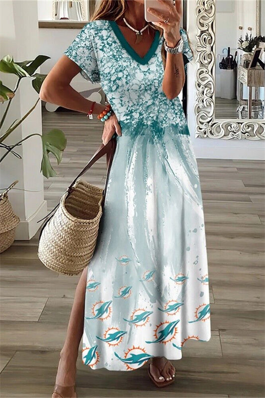 Miami Dolphins V-Neck Side Slit Long Dress AZBTVSD000261