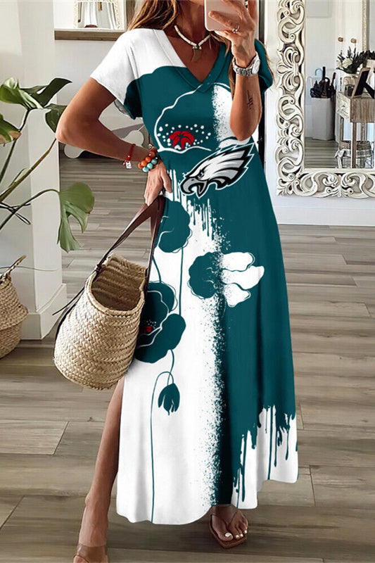 Philadelphia Eagles V-Neck Side Slit Long Dress AZBTVSD000181
