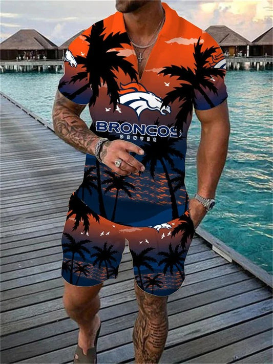 Denver Broncos Zip Polo Shirt And Shorts Men AZPLZ202