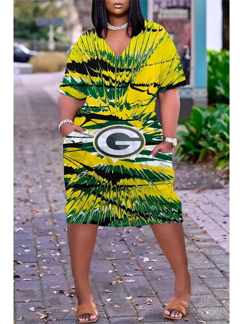 Green Bay Packers V-neck Casual Pocket Dress Limited Edition AZBTVCPD000416