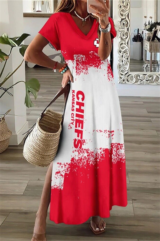 Kansas City Chiefs V-Neck Side Slit Long Dress AZBTVSD000312