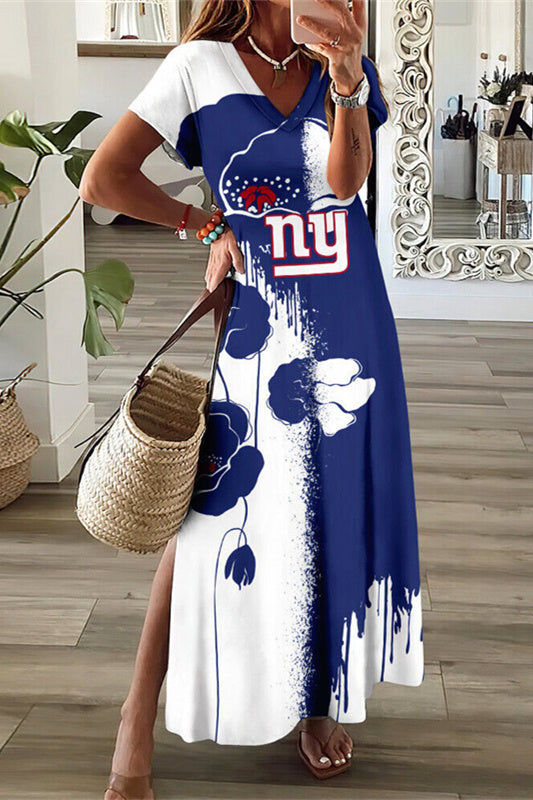 New York Giants V-Neck Side Slit Long Dress AZBTVSD000204