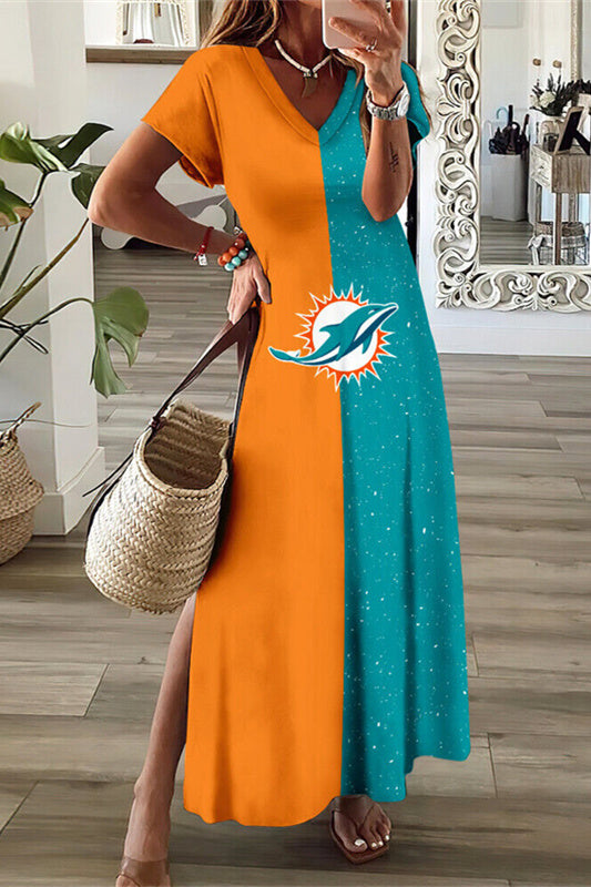 Miami Dolphins V-Neck Side Slit Long Dress AZBTVSD000498