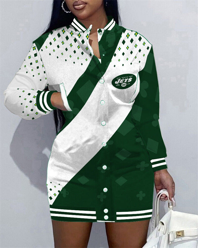 New York Jets Women Button Down Jacket Dress AZBTBDJD000329