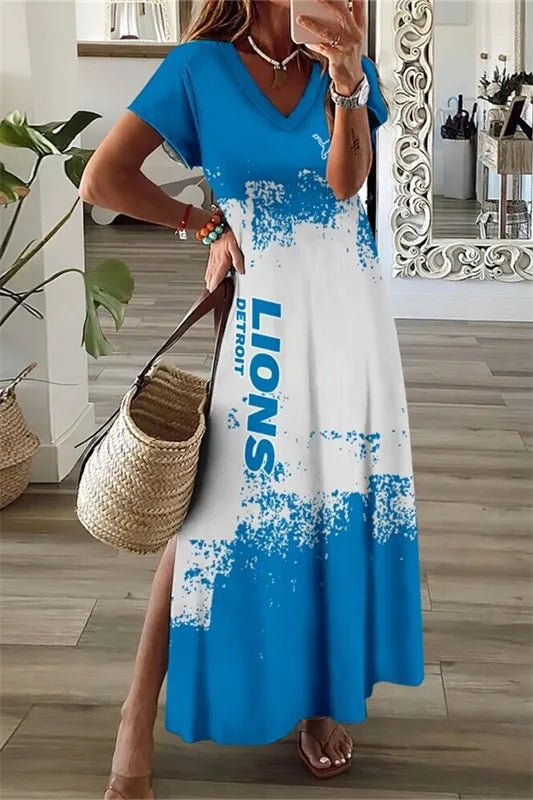 Detroit Lions V-Neck Side Slit Long Dress AZBTVSD000271