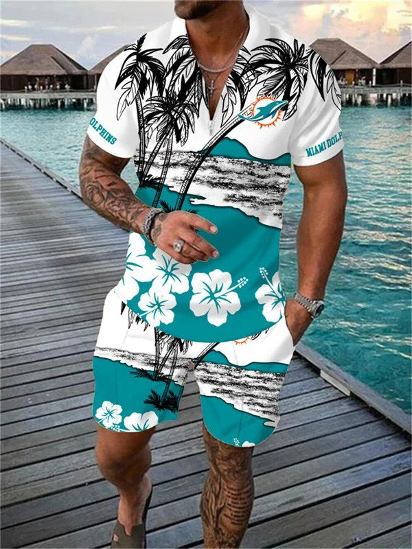 Miami Dolphins Zip Polo Shirt And Shorts Men AZPLZ141