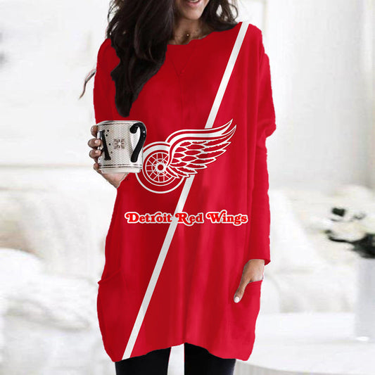Detroit Red Wings Casual Long Sleeve Pocket Dress AZBTLSPD000087