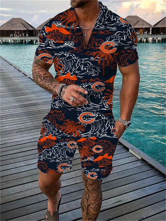 Chicago Bears Zip Polo Shirt And Shorts Men AZPLZ120