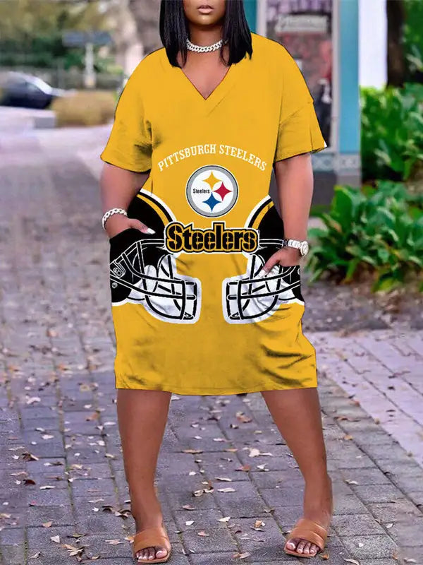 Pittsburgh Steelers V-neck Casual Pocket Dress Limited Edition AZBTVCPD000021