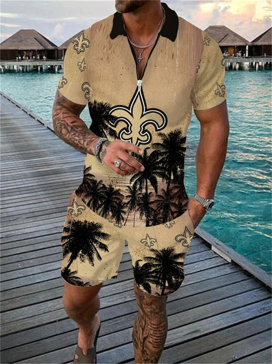 New Orleans Saints Zip Polo Shirt And Shorts Men AZPLZ092