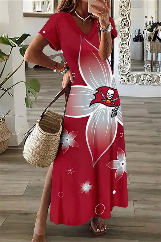 Tampa Bay Buccaneers V-Neck Side Slit Long Dress AZBTVSD000140