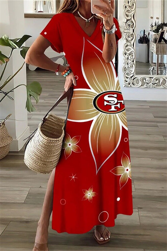 San Francisco 49ers V-Neck Side Slit Long Dress AZBTVSD000381