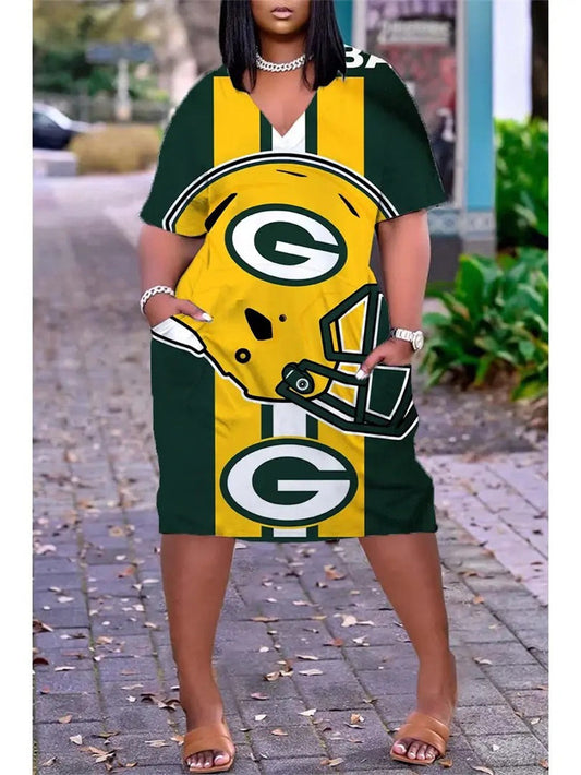 Green Bay Packers V-neck Casual Pocket Dress Limited Edition AZBTVCPD000494