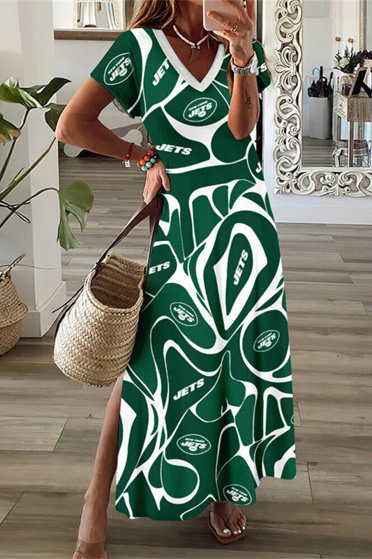 New York Jets V-Neck Side Slit Long Dress AZBTVSD000006