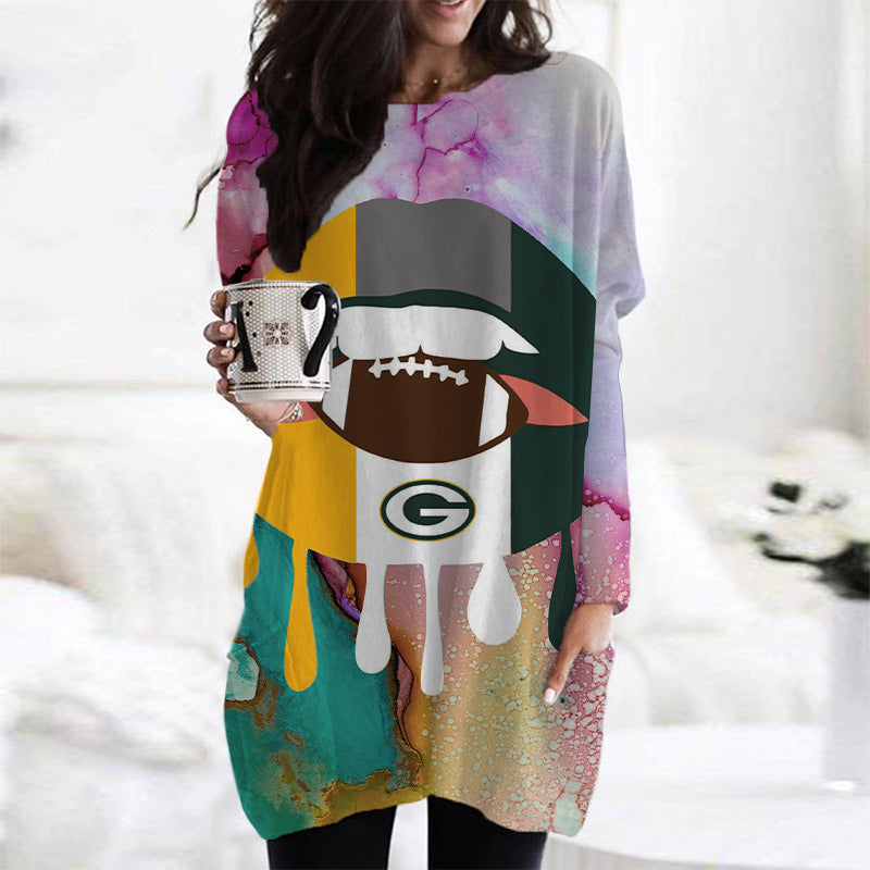 Green Bay Packers Casual Long Sleeve Pocket Dress AZBTLSPD000051