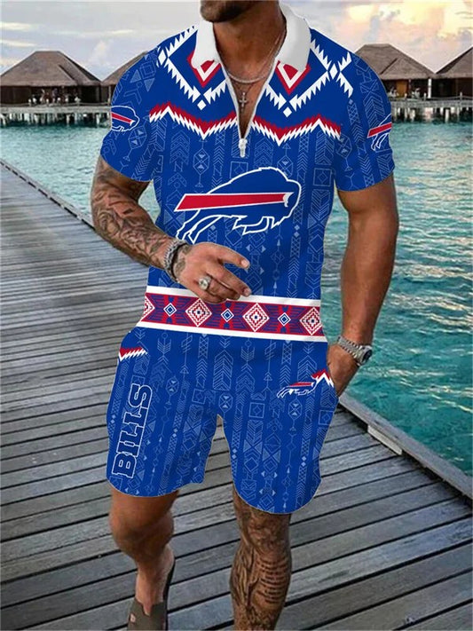Buffalo Bills Zip Polo Shirt And Shorts Men AZPLZ159