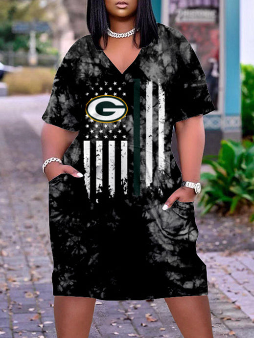 Green Bay Packers V-neck Casual Pocket Dress Limited Edition AZBTVCPD000420
