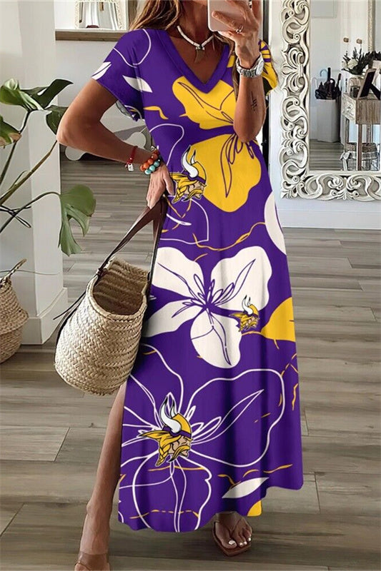 Minnesota Vikings V-Neck Side Slit Long Dress AZBTVSD000370
