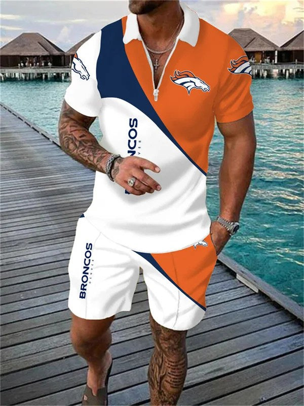Denver Broncos Zip Polo Shirt And Shorts Men AZPLZ015