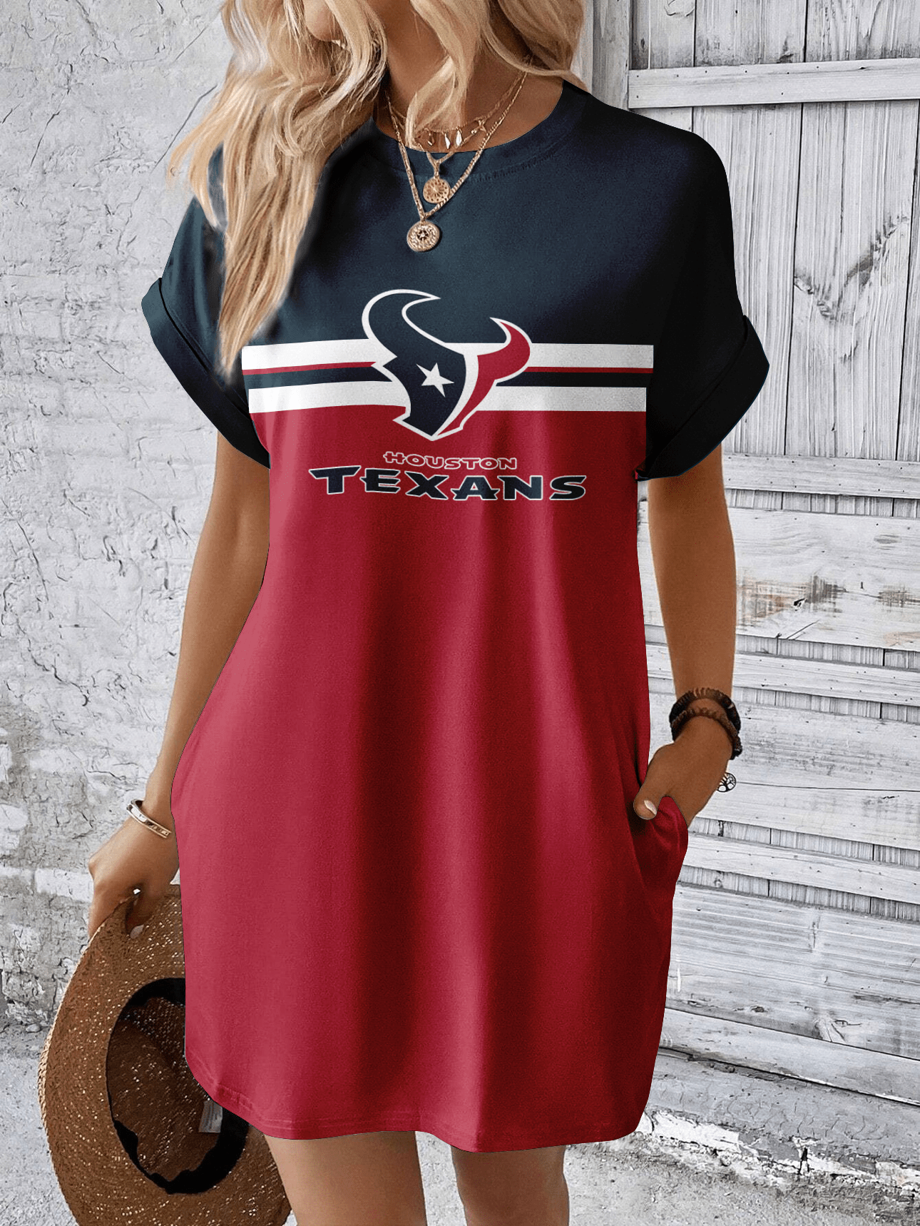 Houston Texans Women Hidden Pocket Batwing Casual Dress AZDDBWCD000027
