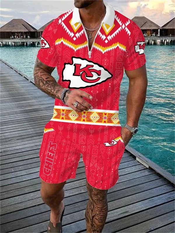 Kansas City Chiefs Zip Polo Shirt And Shorts Men AZPLZ050