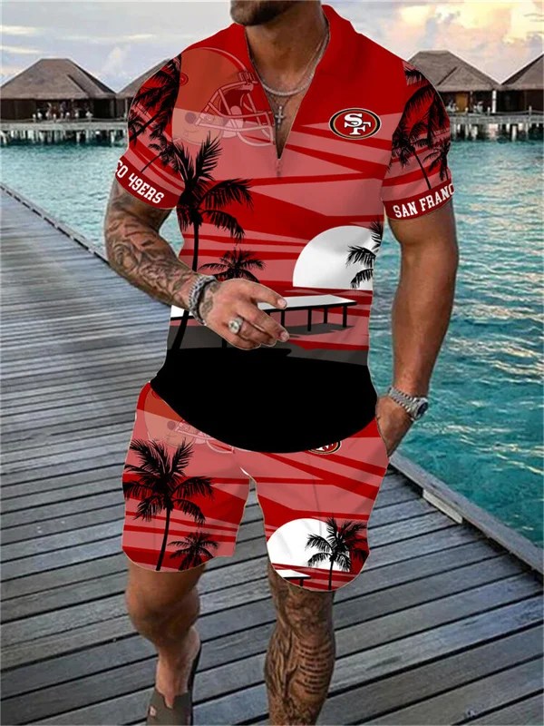 San Francisco 49ers Zip Polo Shirt And Shorts Men AZPLZ111