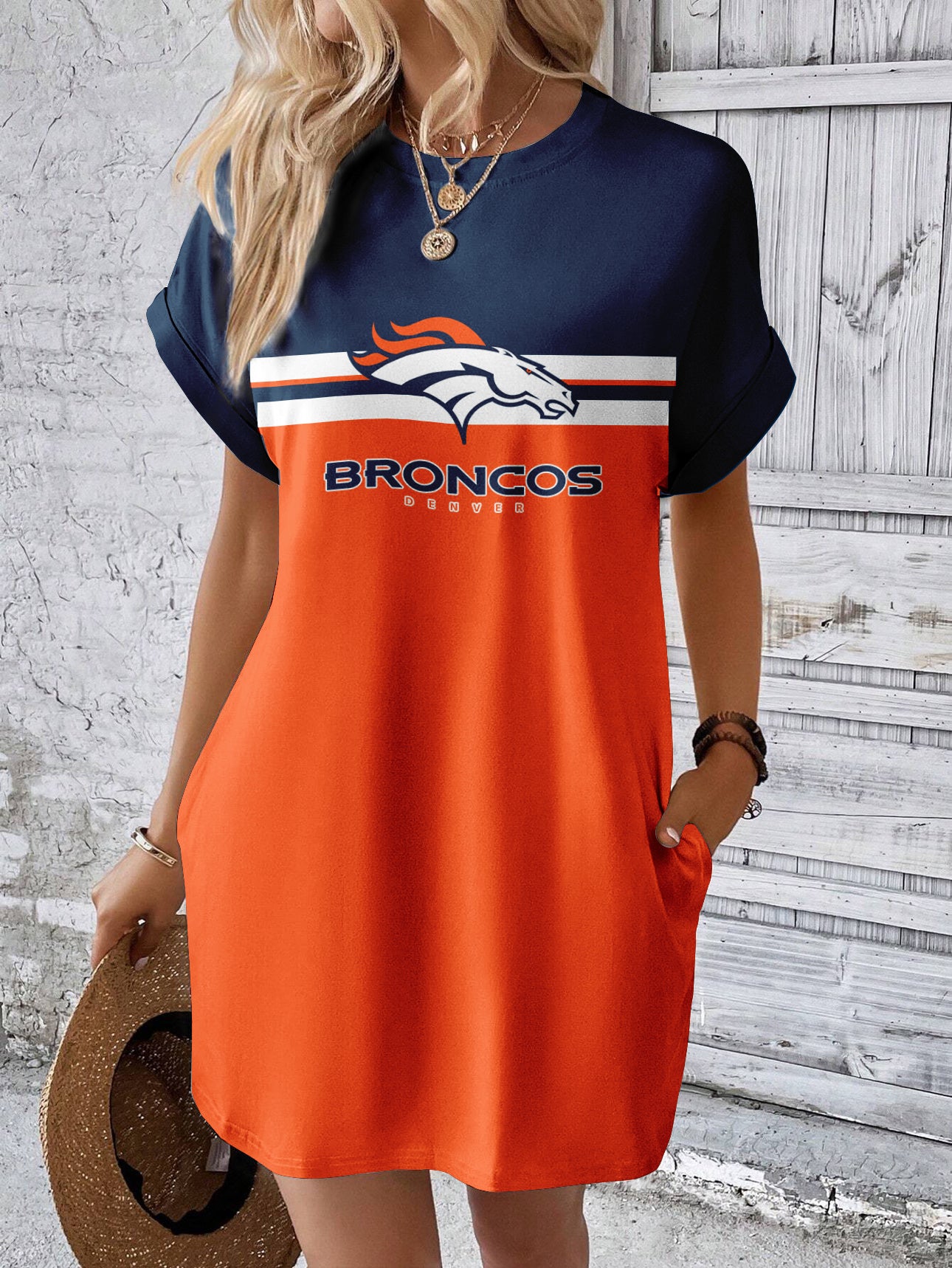 Denver Broncos Women Hidden Pocket Batwing Casual Dress AZDDBWCD000007