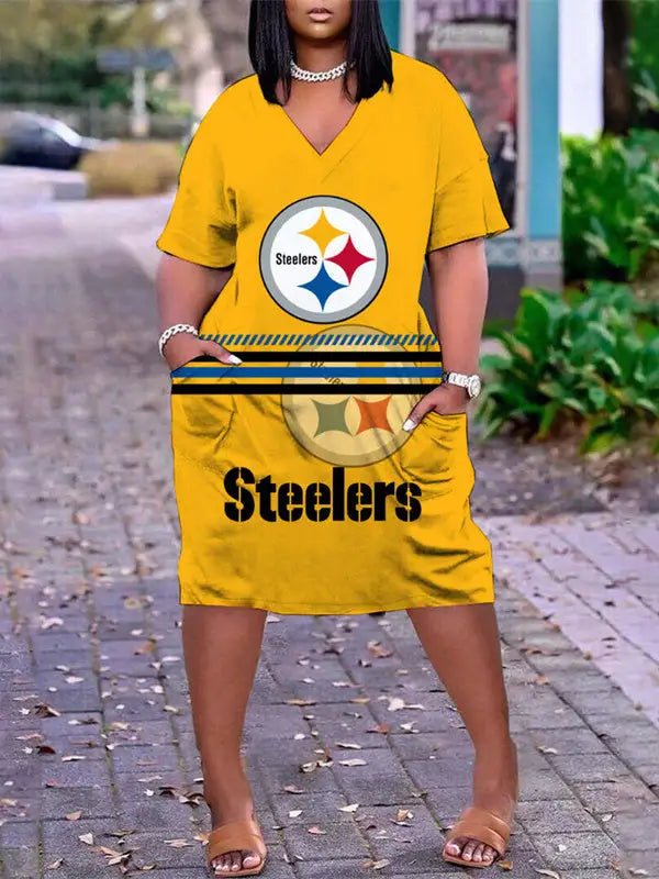 Pittsburgh Steelers V-neck Casual Pocket Dress Limited Edition AZBTVCPD000022