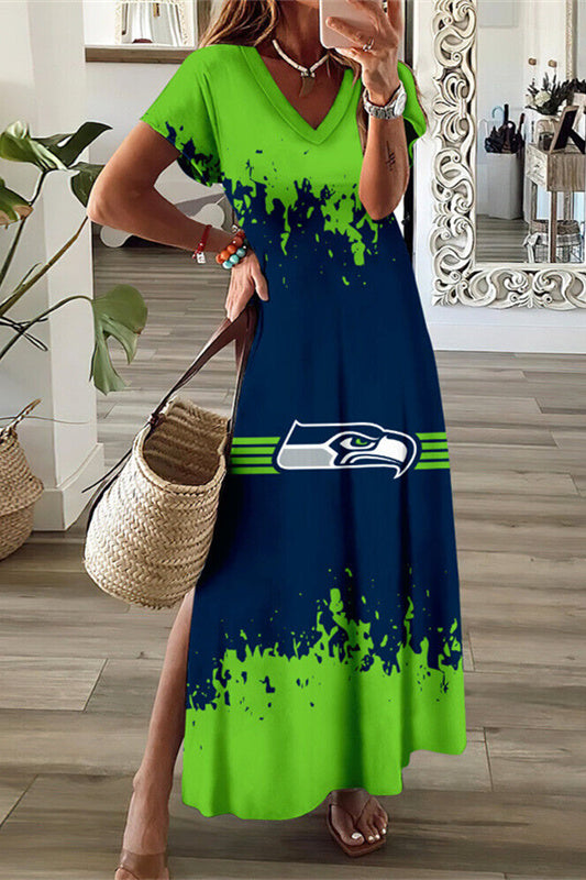 Seattle Seahawks V-Neck Side Slit Long Dress AZBTVSD000402