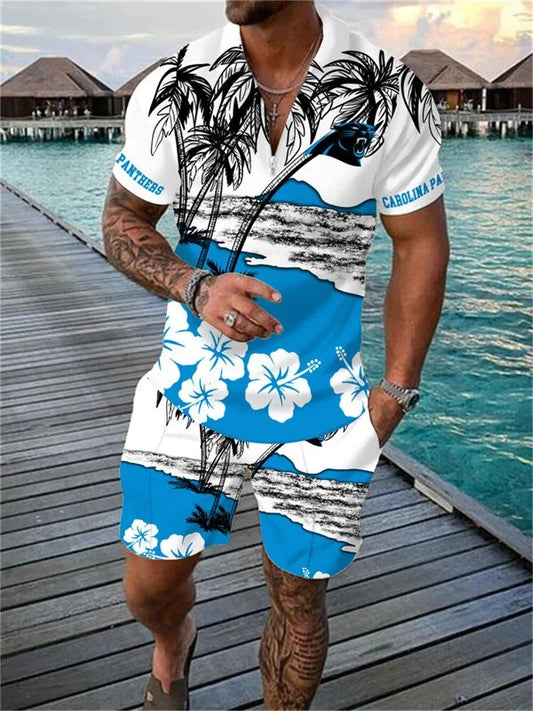 Carolina Panthers Zip Polo Shirt And Shorts Men AZPLZ257