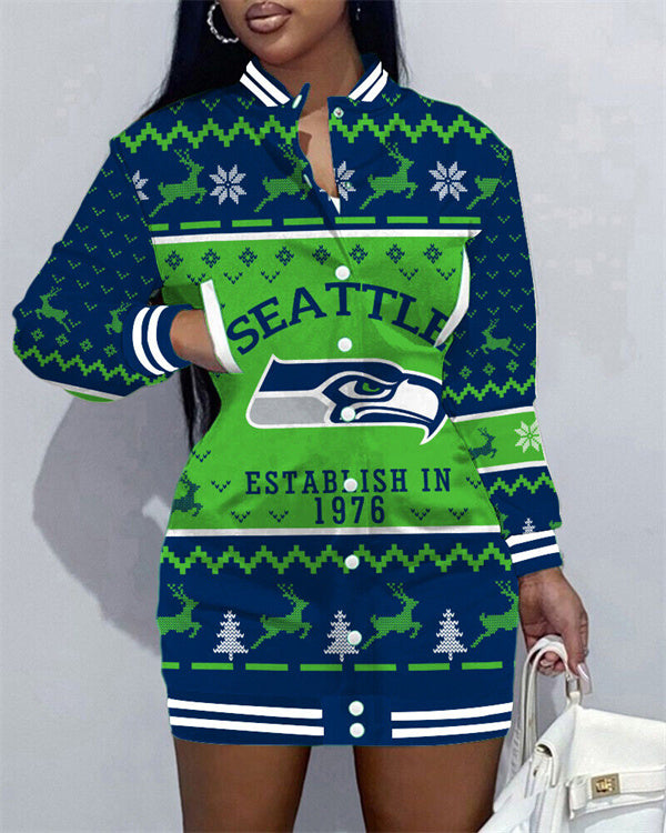 Seattle Seahawks Women Button Down Jacket Dress AZBTBDJD000136
