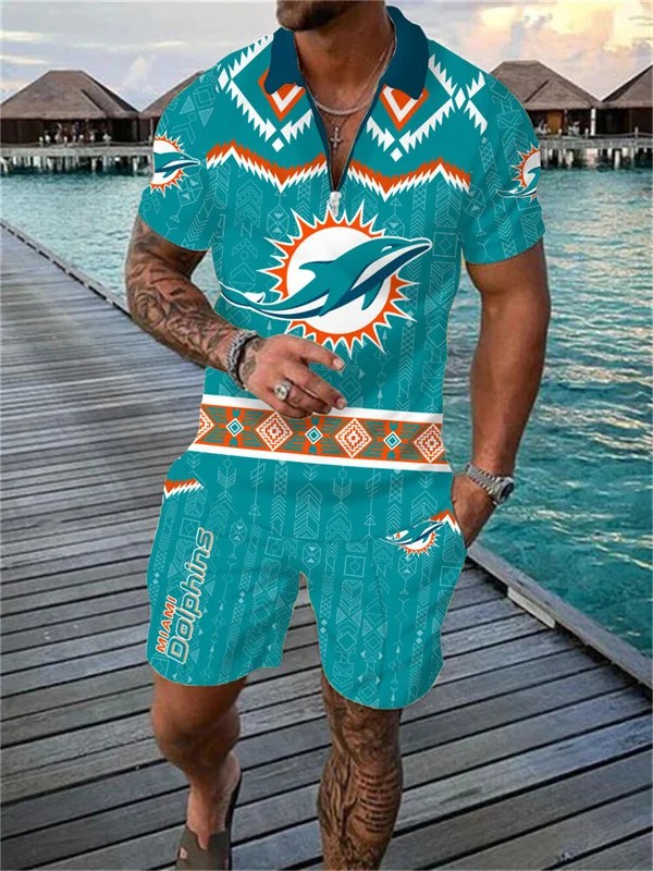 Miami Dolphins Zip Polo Shirt And Shorts Men AZPLZ140