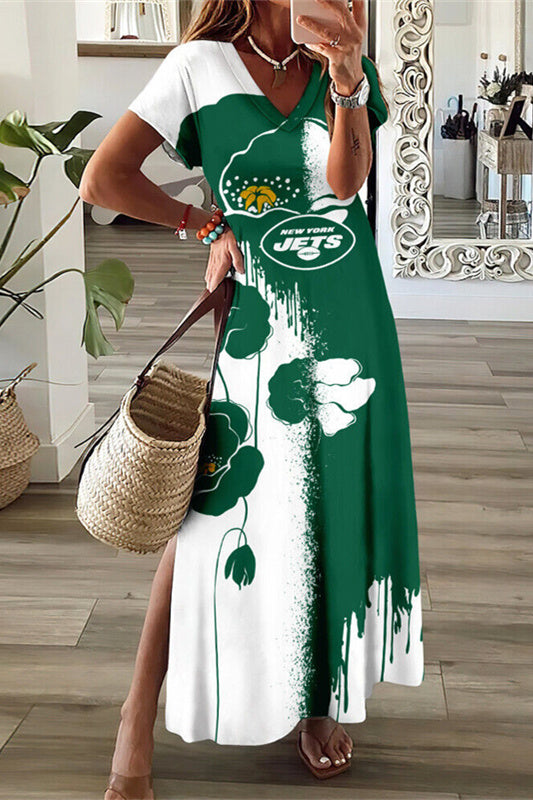 New York Jets V-Neck Side Slit Long Dress AZBTVSD000245