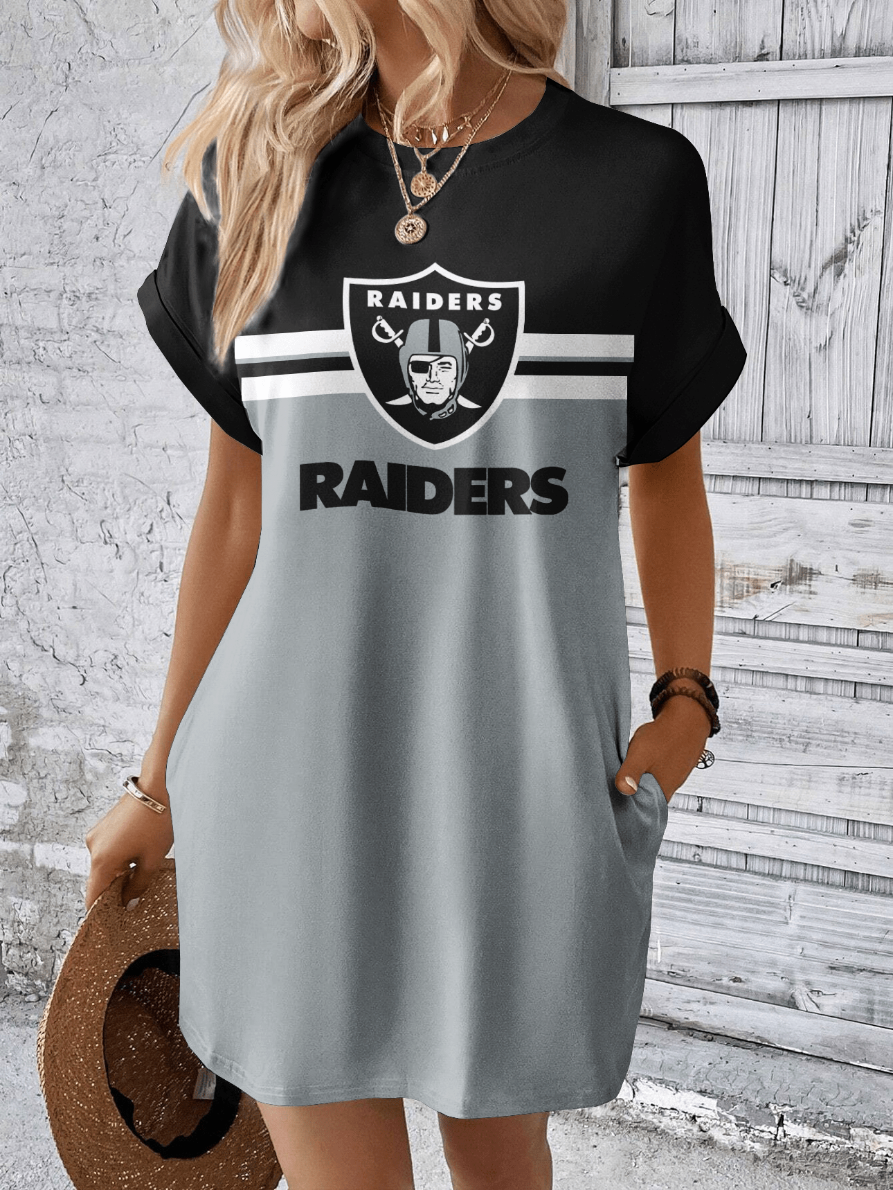 Las Vegas Raiders Women Hidden Pocket Batwing Casual Dress AZDDBWCD000051