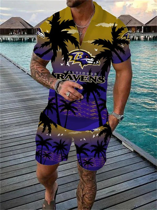 Baltimore Ravens Zip Polo Shirt And Shorts Men AZPLZ183