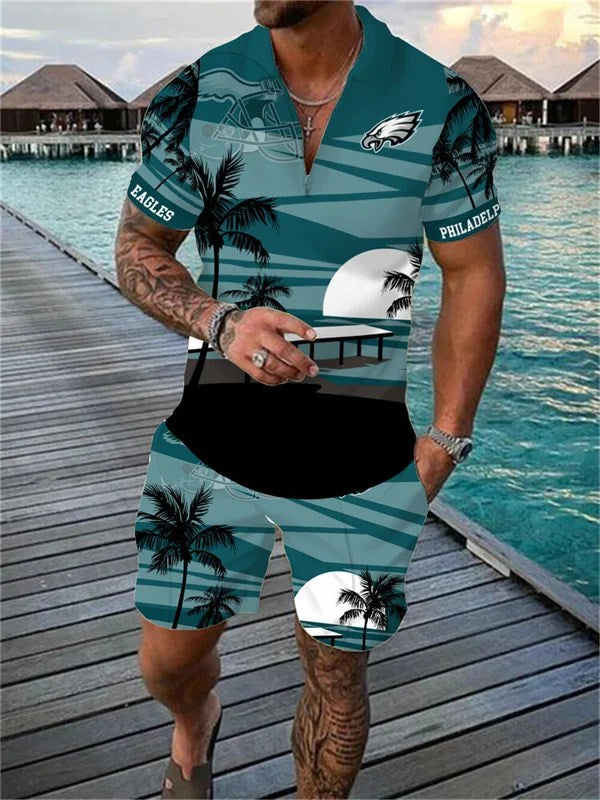 Philadelphia Eagles Zip Polo Shirt And Shorts Men AZPLZ094