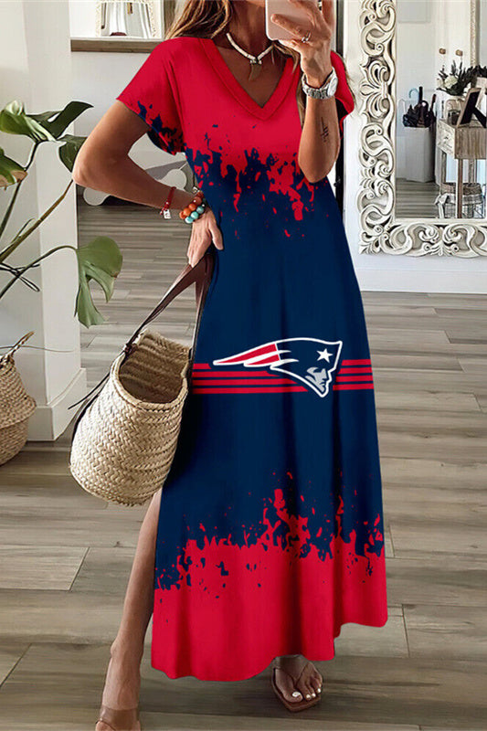 New England Patriots V-Neck Side Slit Long Dress AZBTVSD000483